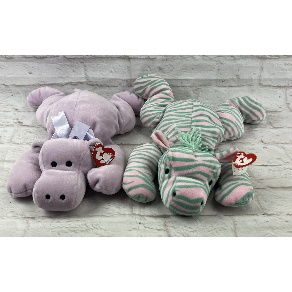 Ty Pillow Pals Zulu Zebra & Tubby Hippo Beanie Babies 1996 Plush 14"Stuffed Toys